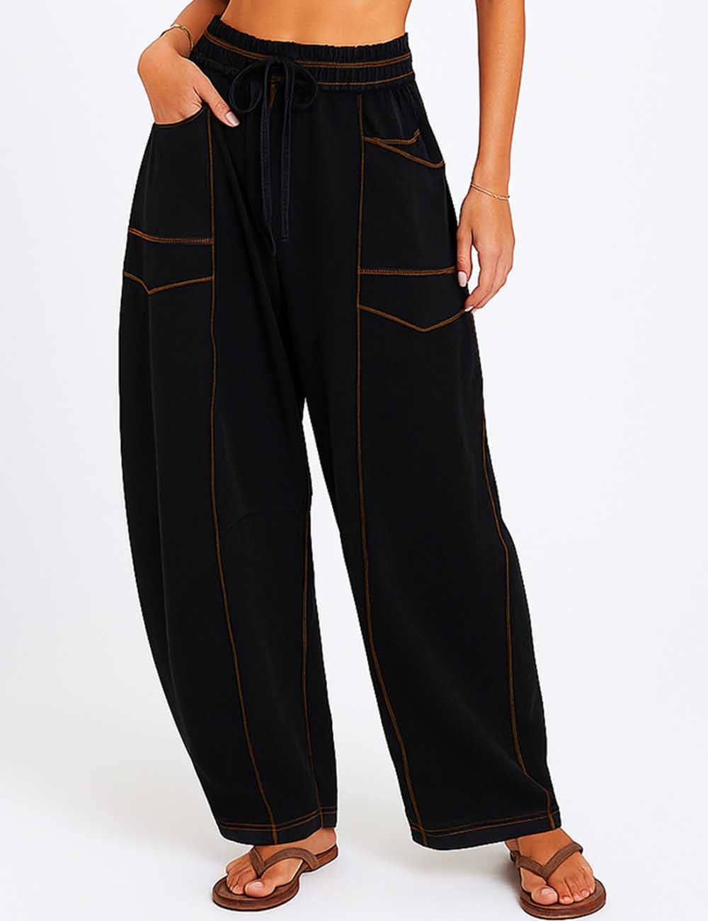 Sweetkama - Wholesale Pants - Women's - Ladies Contrast Stitching Elastic Waist Drawstring Barrel Pants14