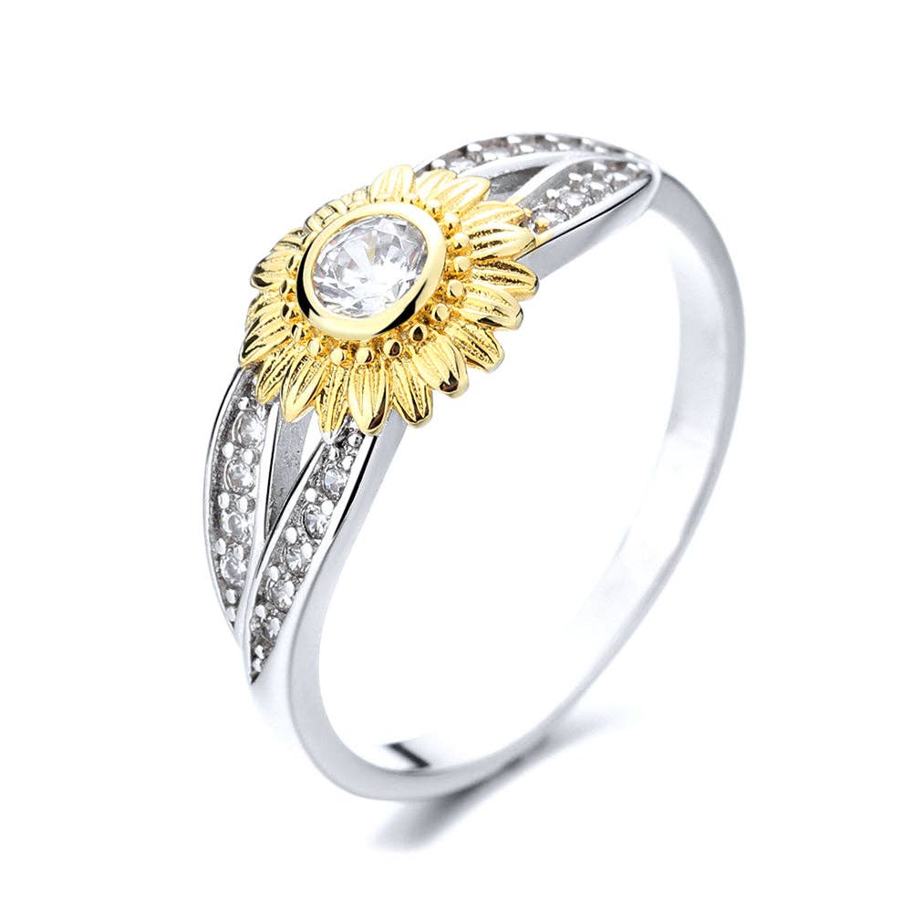 Amy and Annette - Wholesale Multi-Stone Ring - Sterling Silver Two-Tone Flower Twist Ring With Crystals