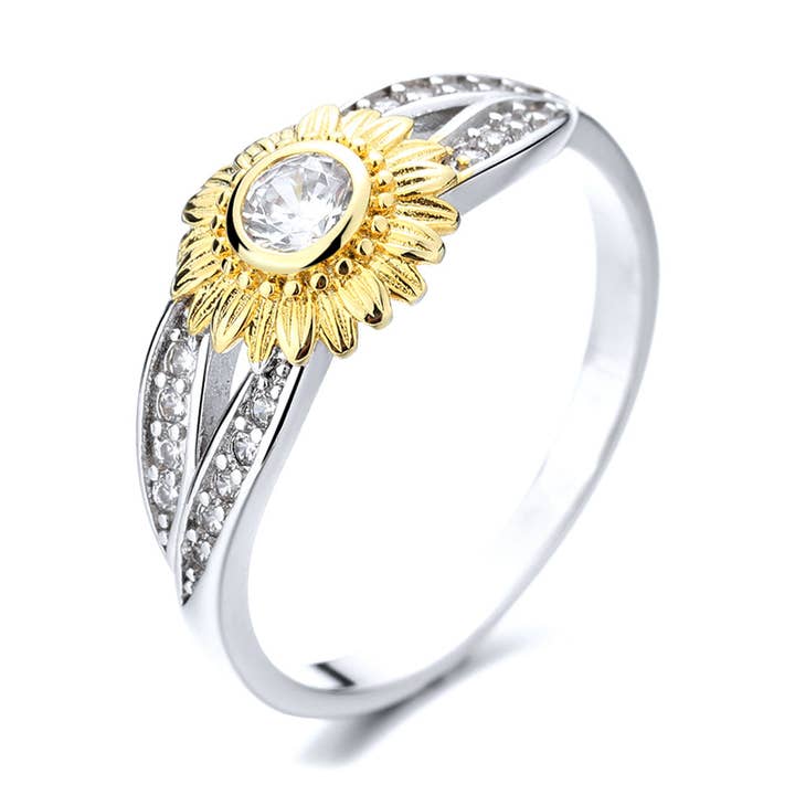 Amy and Annette - Wholesale Multi-Stone Ring - Sterling Silver Two-Tone Flower Twist Ring With Crystals0