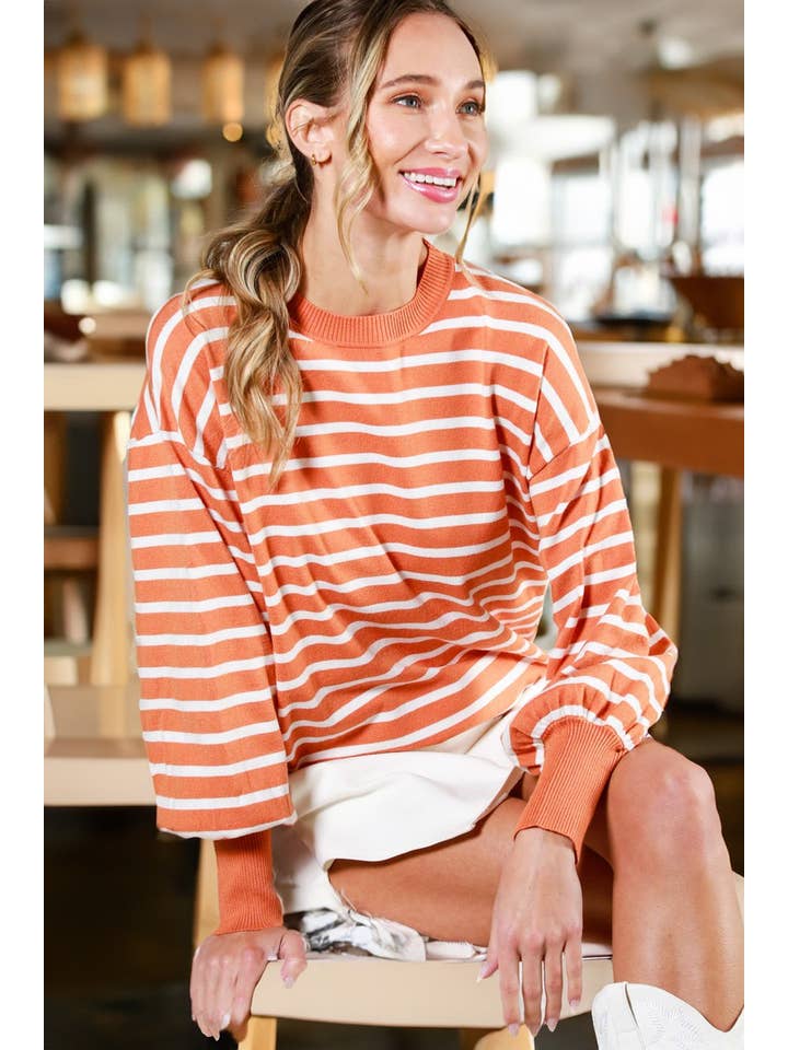 Vine & Love - Wholesale Knit Sweater - Women's - Striped Long Balloon Sleeve Knitted Sweater Top VT60387D2