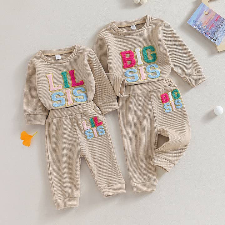 Girls waffle embroidery sister sweatshirt pant 2pcs set for wholesale by Little Trendy