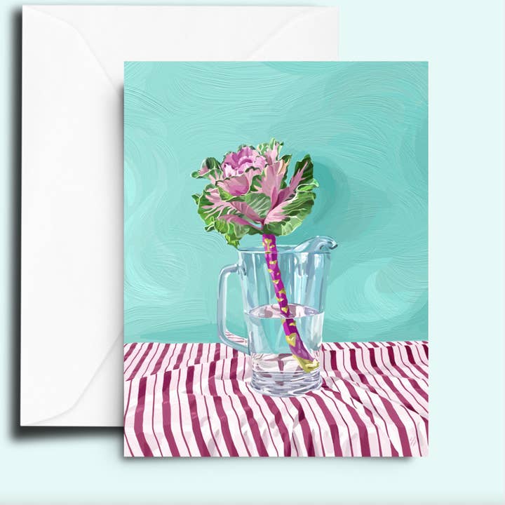 Ornamental Kale in Glass Pitcher Greeting Card for wholesale by Shannon Smith Artwork