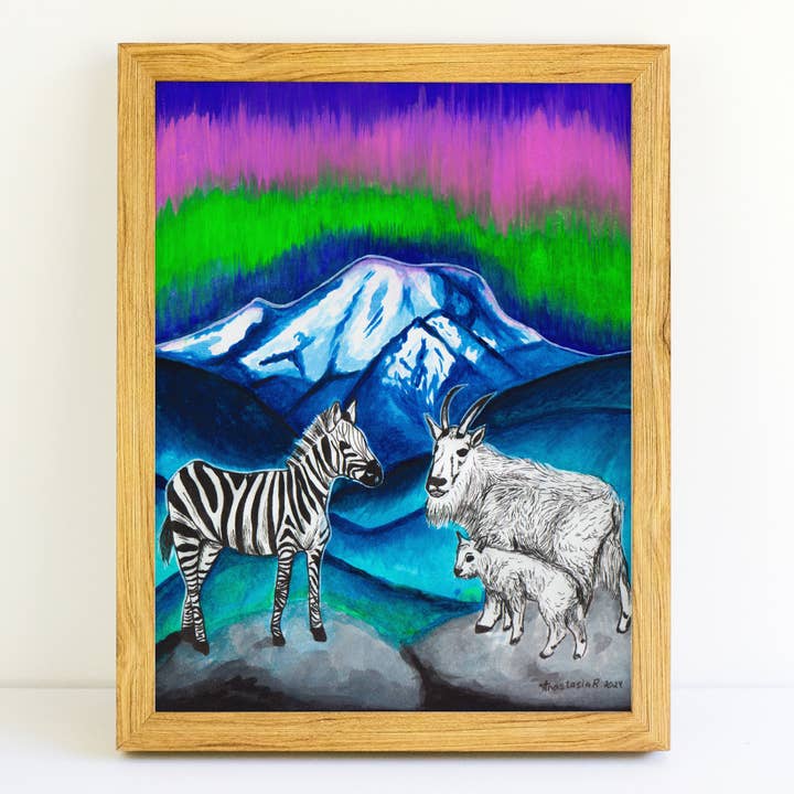 Impression artistique de zèbre avec des chèvres de montagne pour la vente par MeerCatArt