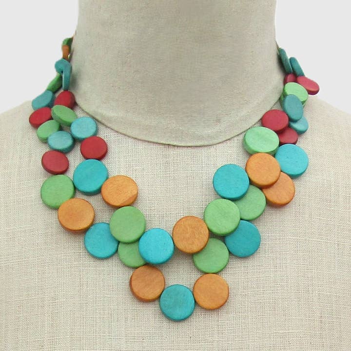 Kinsale brightly colored 2 strand wood bead necklace for wholesale by Katie and Company