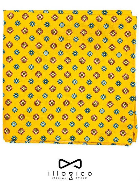 Yellow silk pouch with light blue geometric design for wholesale by Illogico