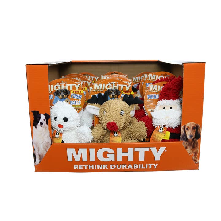 MIGHTY® MICROBALL SANTA, SNOWMAN & REINDEER PDQ -15 Units for wholesale by Tuffy Dog Toys - VIP Products
