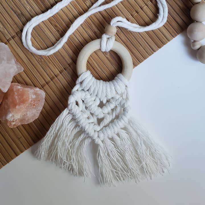 Diffusing Macrame Heart Car Charms for wholesale by Bellbottoms Macrame