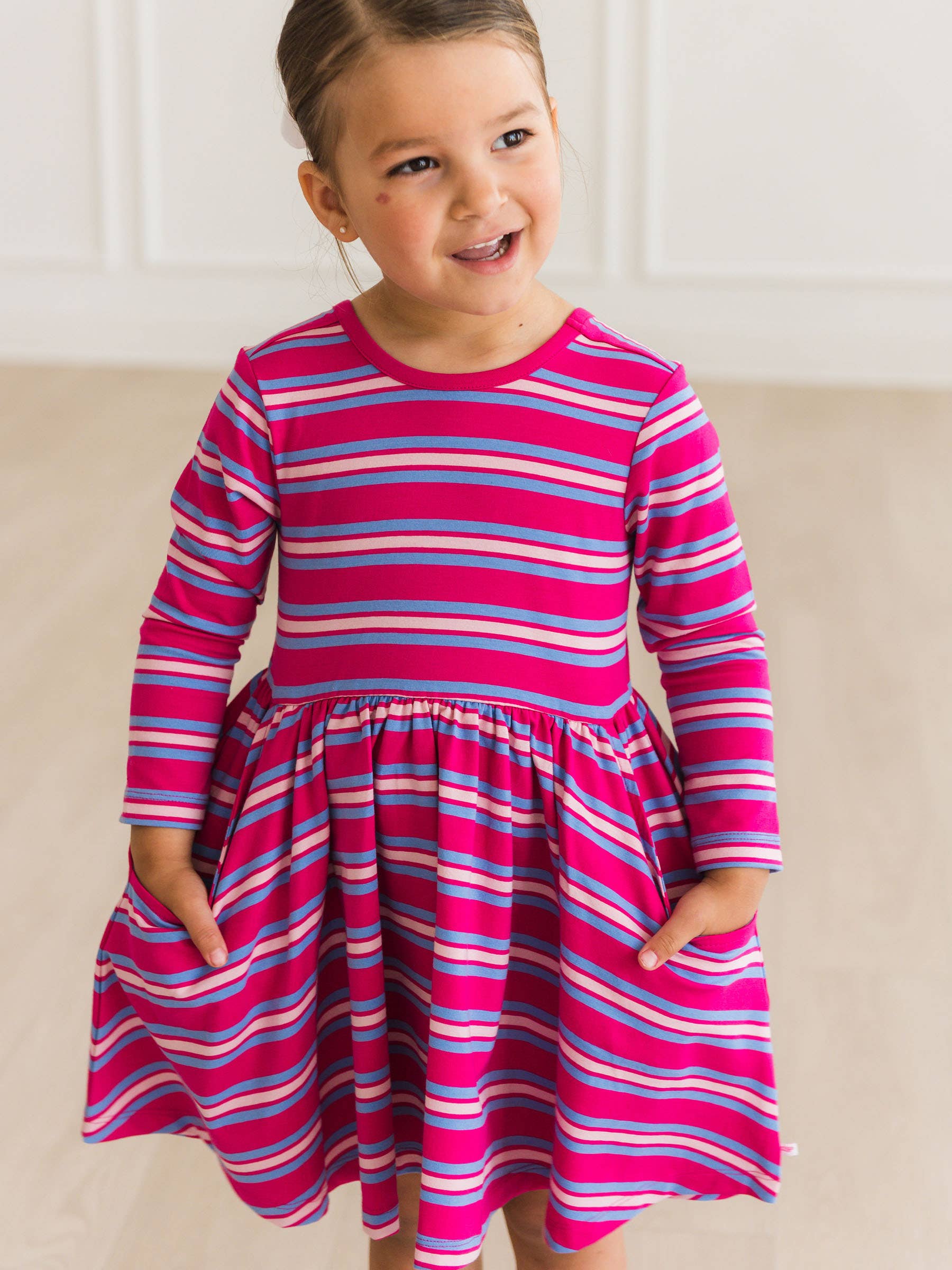 Pink Girls Very Berry & Periwinkle Blue Stripe Knit Long Sleeve Twirl Dress for wholesale on Faire1