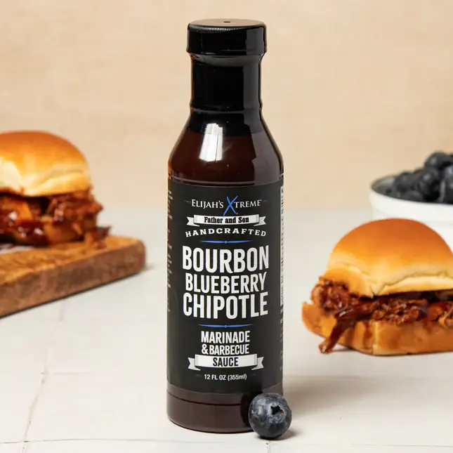 Elijah's Xtreme Gourmet Sauces - Vente Sauces barbecue - Sauce BBQ & Marinade Bourbon Myrtille Chipotle 355ml3