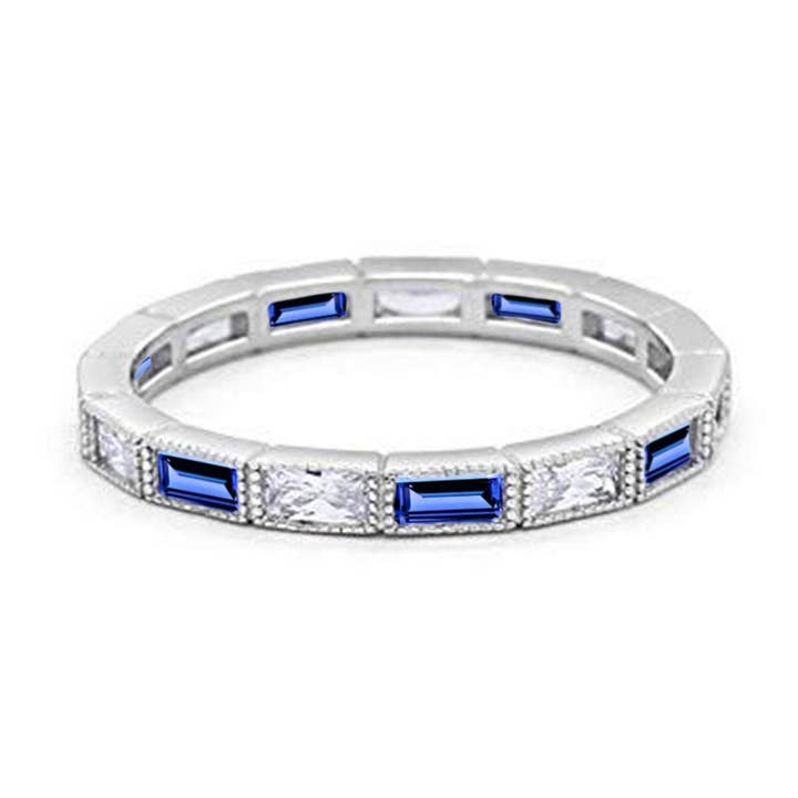 Art Deco Baguette Full Eternity Wedding Band Simulated Blue Sapphire CZ for wholesale by Blue Apple Imports