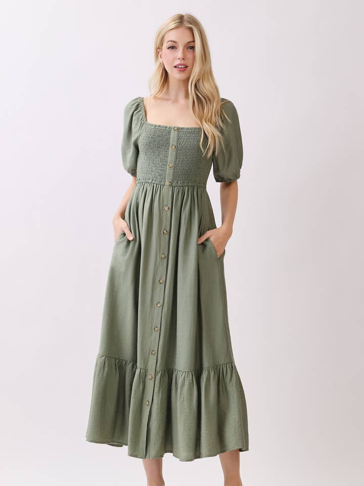 SMOCKED BUTTON DOWN DETAIL MAXI DRESS - VJD42903A for wholesale by Calista