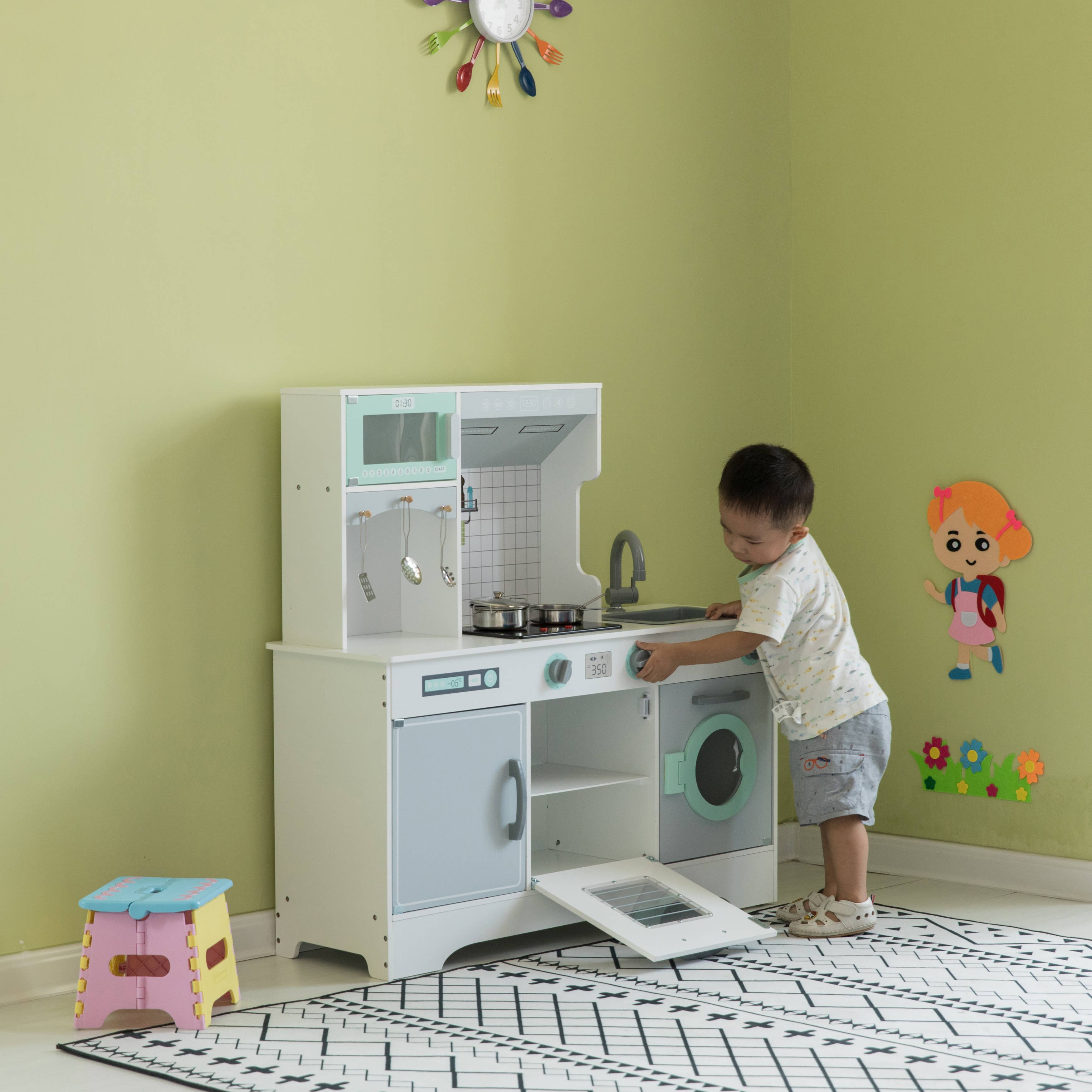 Quickway Imports - Wholesale Toy Set - Kids - Wooden Play Kitchen Toy, Light on Microwave, Cabinet, Washer8