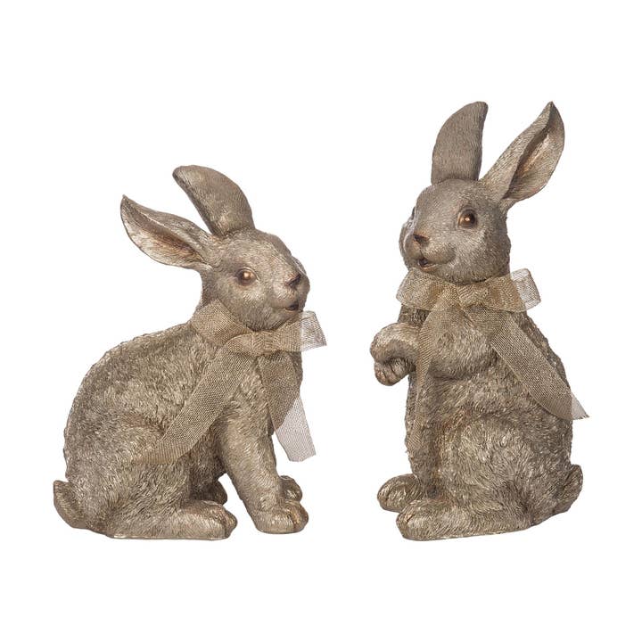 Set of 2 Gold Resin Bunny Figurines with Bow Easter Decor for wholesale by Transpac