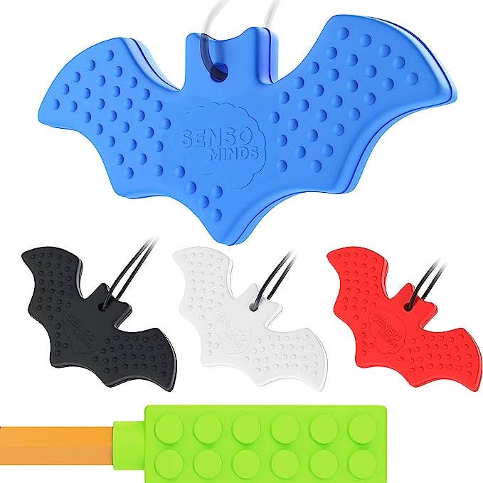 Senso Minds - Wholesale Fidget Toy - Kids - Sensory Bat Necklace - Chewelry 4 Pack (BONUS Pencil Topper)