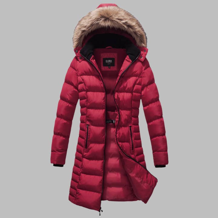 Women Winter coat Puffer Mid Length Fleece Lining,Removable Hood,ELORA for wholesale by The Whole Shebang