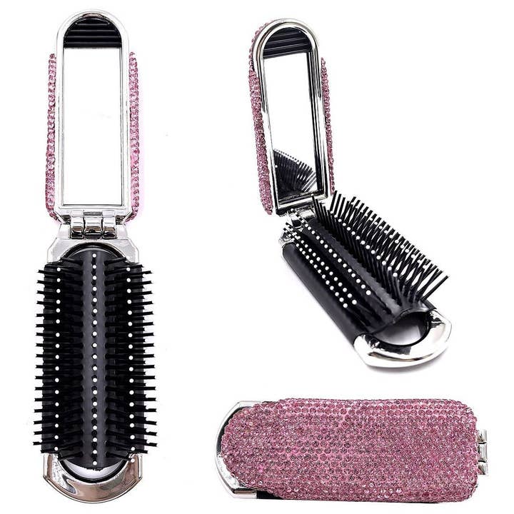 Diacly - Wholesale Hair Brush/Comb - Shiny Stone Handheld Folding Mirror Hair Brush