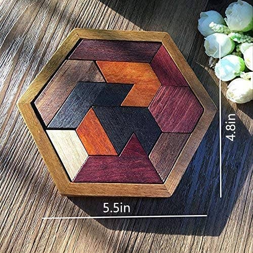 Texas Toy Distribution - Wholesale Puzzle - Kids - Hexagon Tangram Wooden Puzzle for Kids and Adults 11pcs