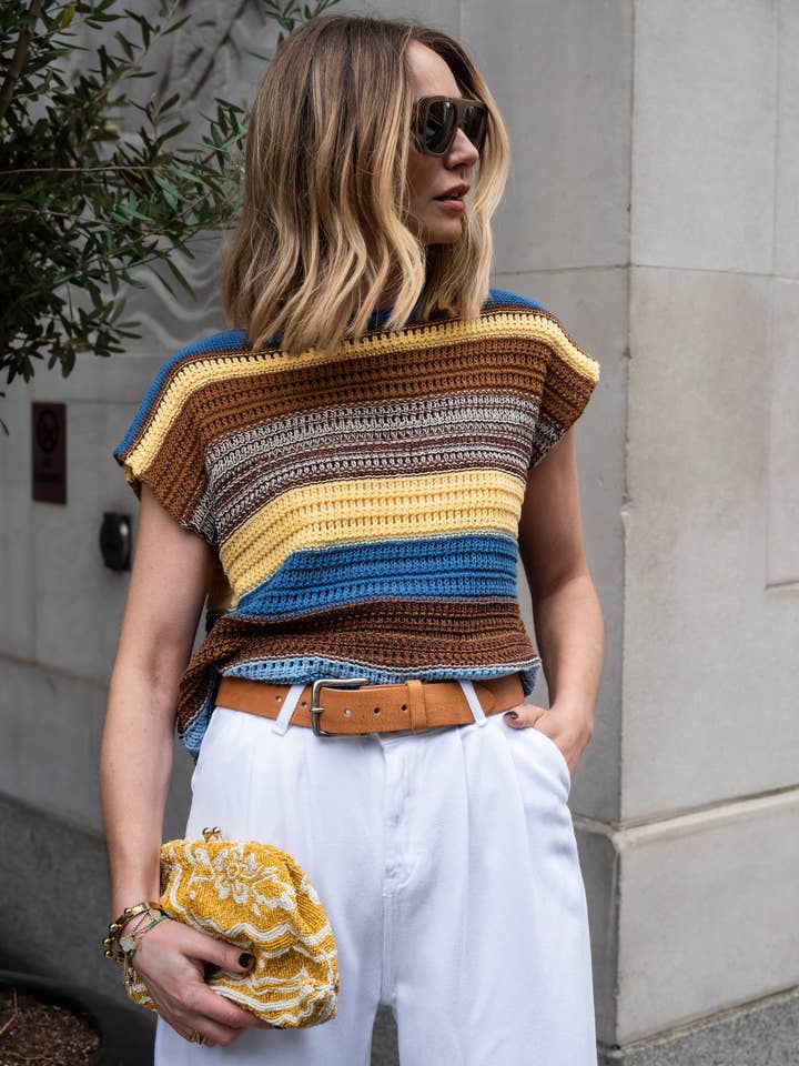 METALLISK TRÅD RANDIG MIX LINNE - Romy Blå/Choklad för wholesale av Libby Loves