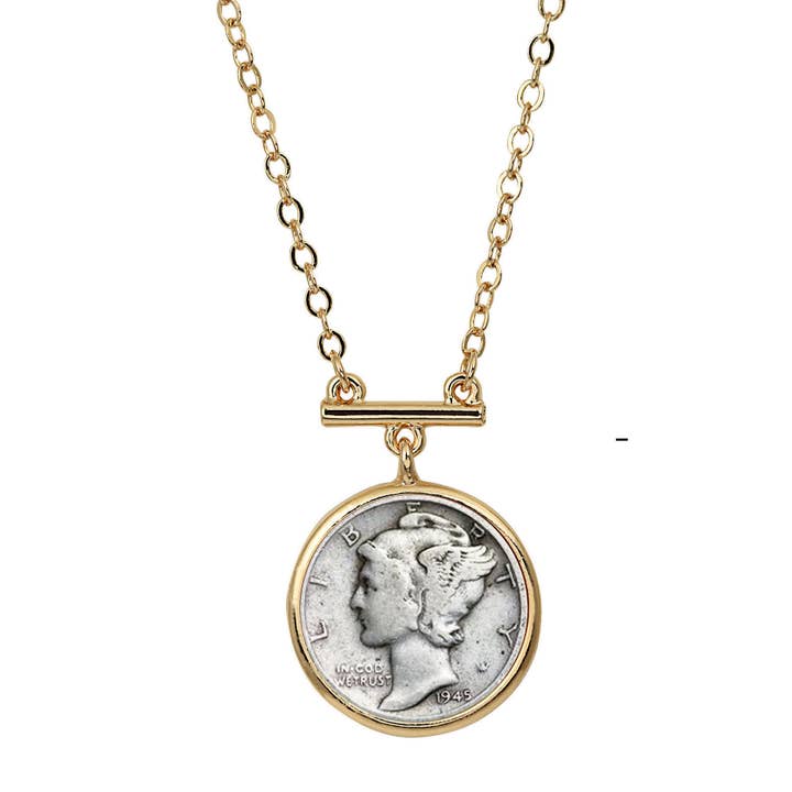 Mercury Dime Coin Goldtone Bar Necklace for wholesale by American Coin Treasures