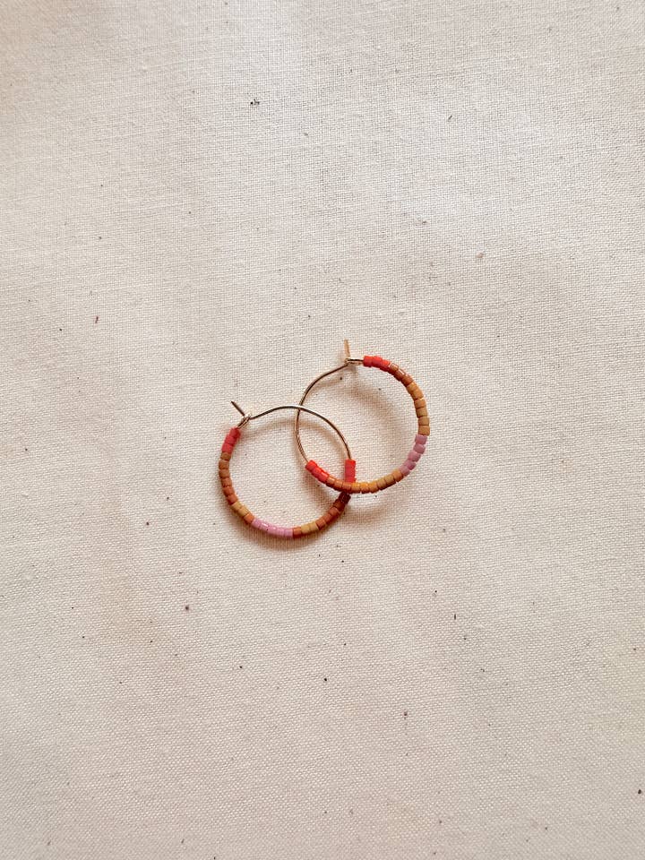 Small Beaded Hoop Earrings - orange, plum and yellow beads for wholesale by Found & Feral