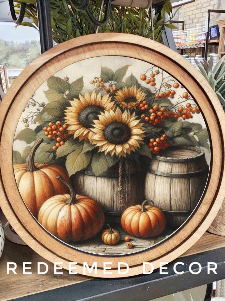 8" Round Sunflower Barrel Art for wholesale by Redeemed Decor