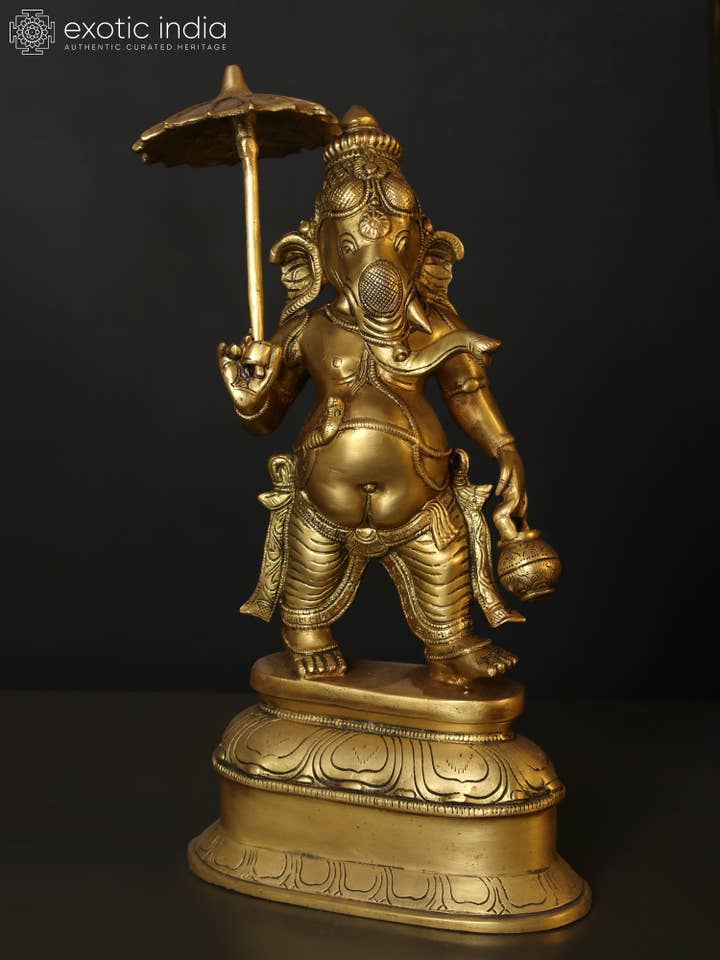 14" Lord Ganesha Idol with Umbrella | Brass Statue for wholesale by Exotic India Art