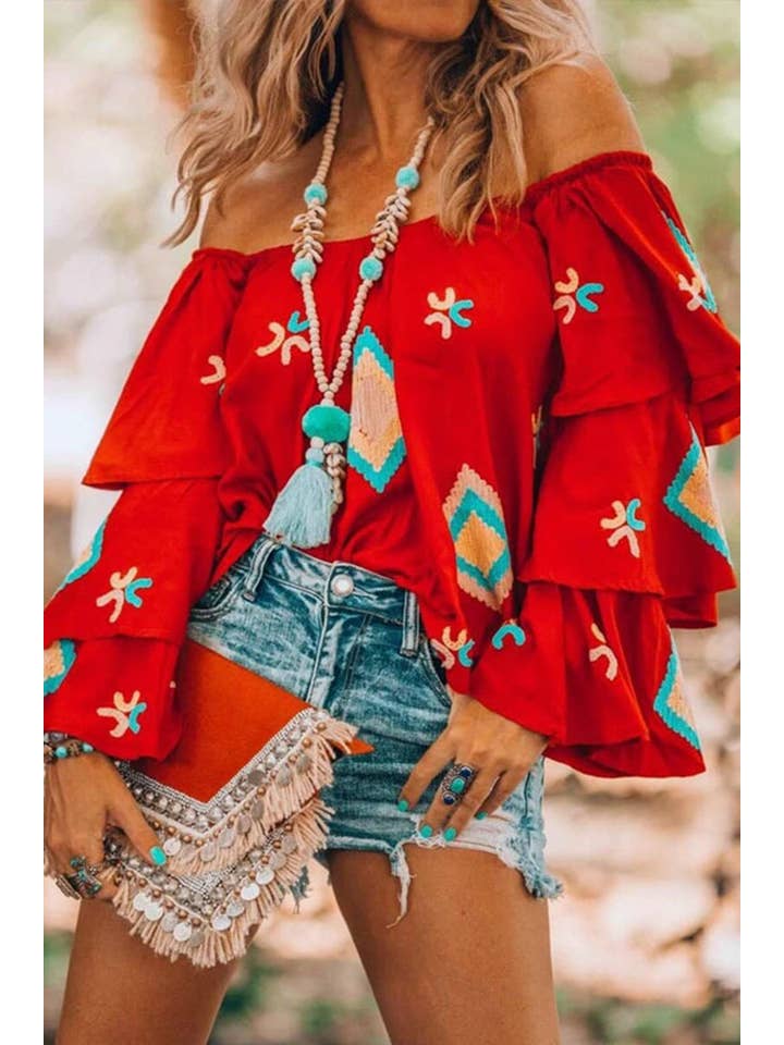 Red Boho print one-shoulder long-sleeved pullover top for wholesale on Faire1