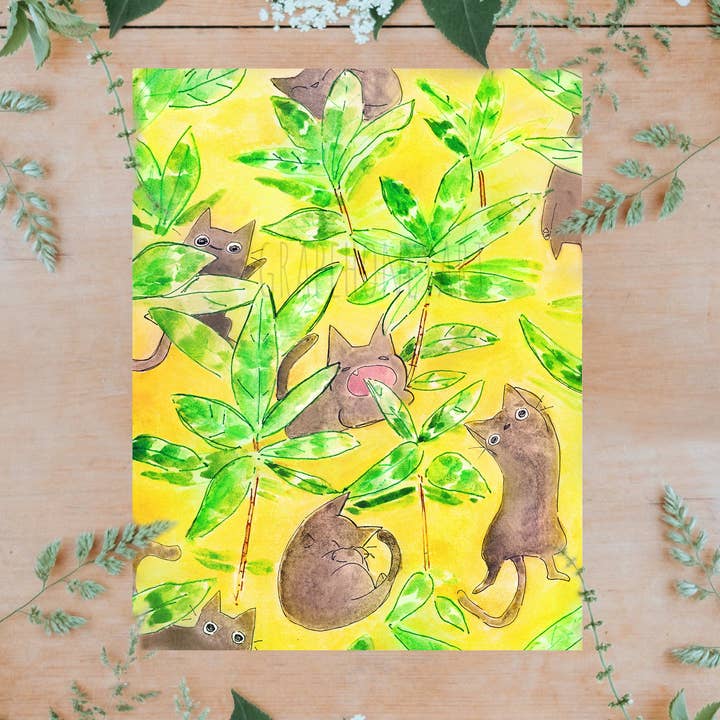 Söta svarta katter med botongväxt lämnar akvarell 8,5 x 11 tryck för wholesale av grapehoney