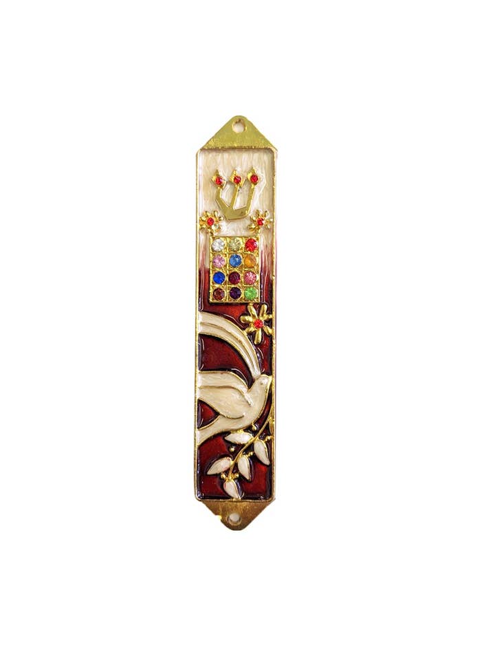Diseño de pájaro y oliva Mezuzah rojo con cristales genuinos para venta al por mayor de Collection by Nouvelle