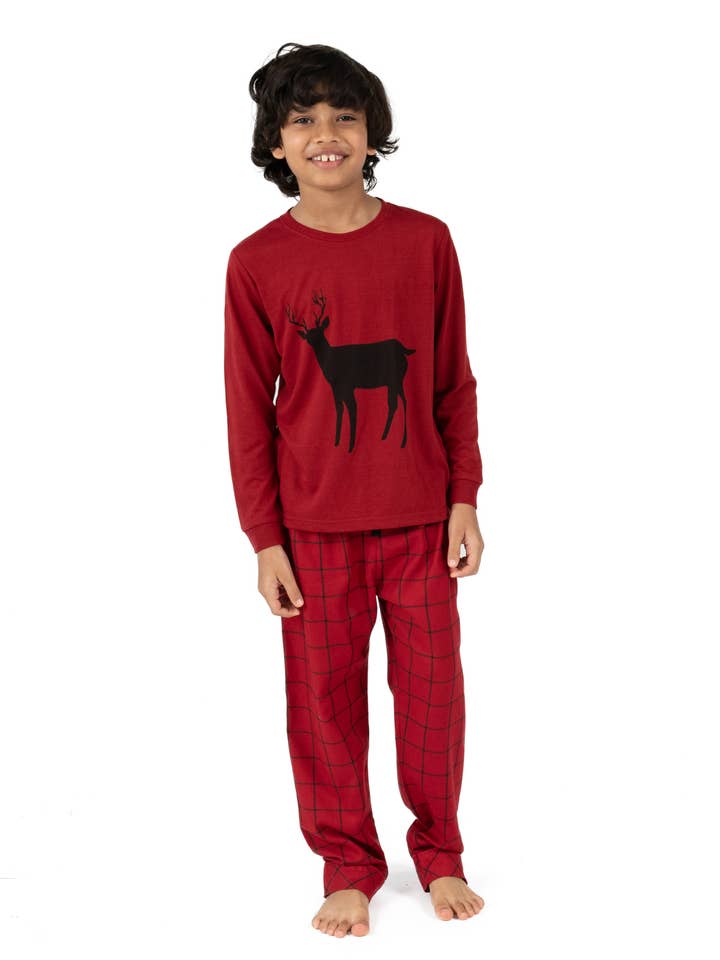 Pyjama pour enfants, haut en polyéthylène et pantalon en flanelle, renne, pour Noël pour la vente par Leveret Pajamas
