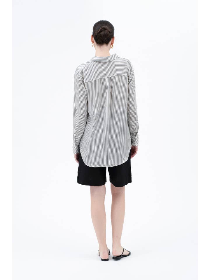 The Workshop Studio - Wholesale Blouse - Women's - PINSTRIPE BUTTON DOWN LONG SLEEVE SATIN BLOUSE