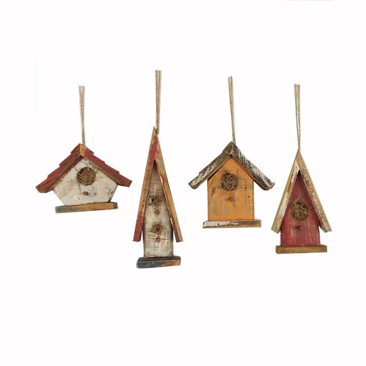 Vogelhaus-Ornamente aus Holz, 4er-Set - 3" hoch, 6" hoch für den Großhandel von Birch Maison