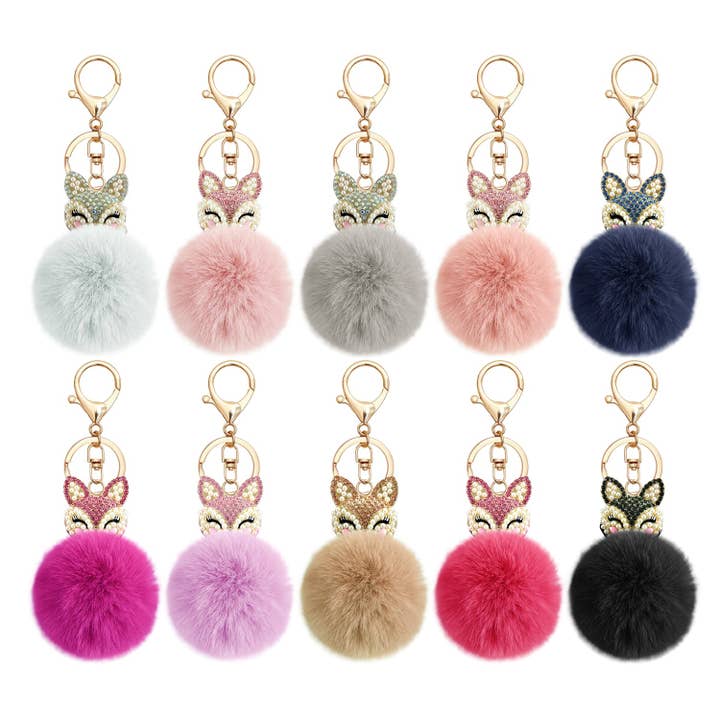 Real Sic - Wholesale Keychain - Unisex - Fuzzy Fox Keychain - Cute Animal Faux Fur Fluffy Fuzzy Fox Pom Pom Keychain