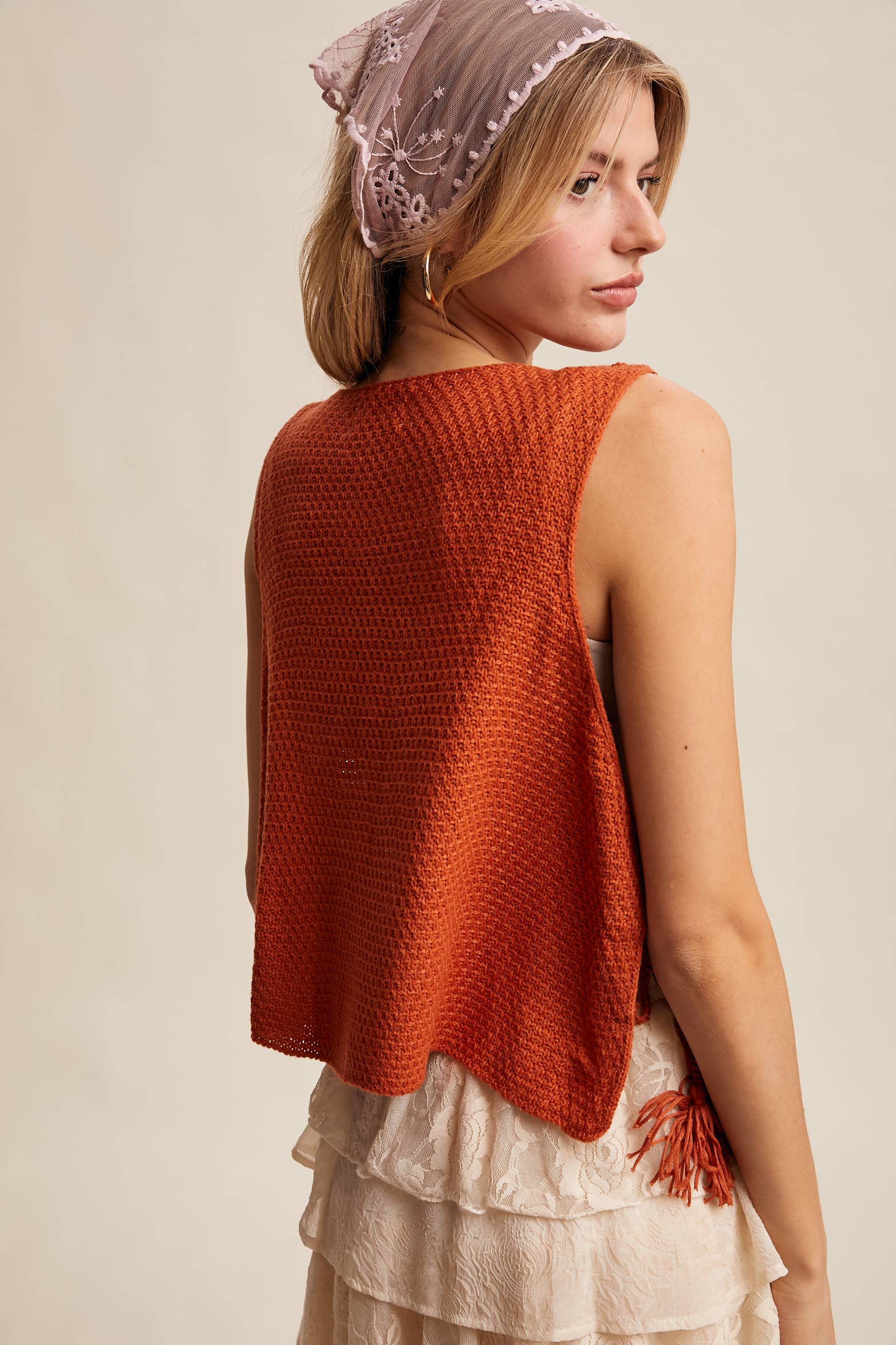 Listicle - Wholesale Sweater Vest - Women's - Crochet Granny Square Tassel Tie Vest LSW100633