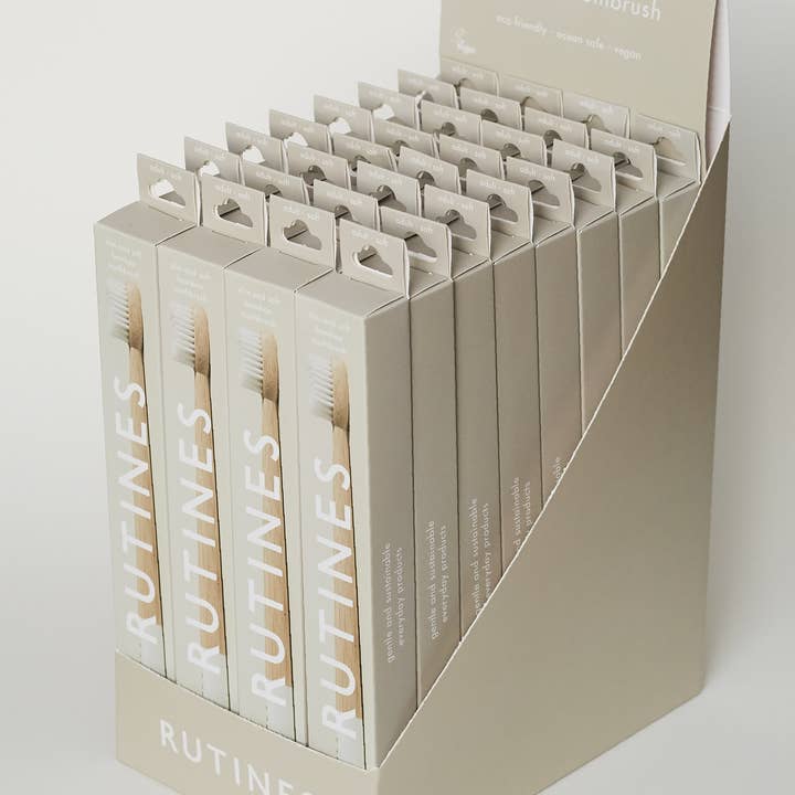 Rutines - Wholesale Toothbrush - Bamboo toothbrush - White (Shelf ready packaging, 32-pack)