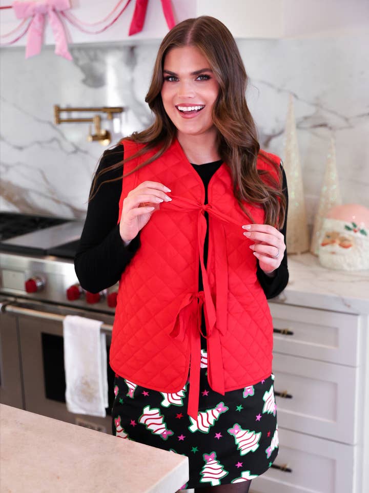 Twila Quilted Tie Vest- Red for wholesale on Faire0