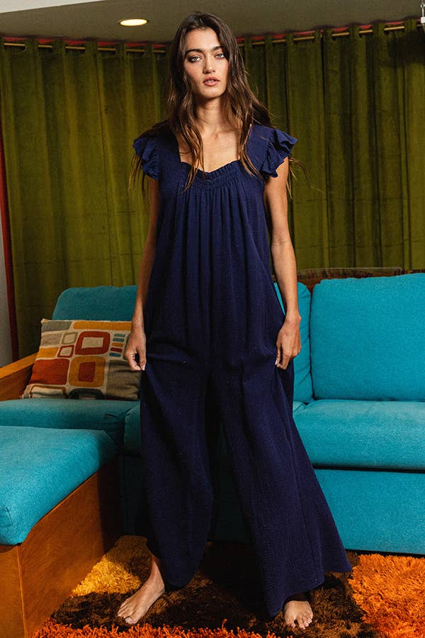 BUCKETLIST INC – wholesale Jumpsuit – Women's – R5281 Ruffled Sleeve Wide Leg Solid Gauze Jumpsuit11