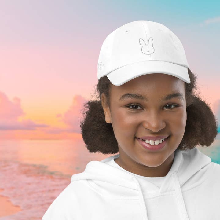 Youth White Bunny Embroidered Hat | Spring Easter Kids Hat for wholesale by French Rain, Inc.