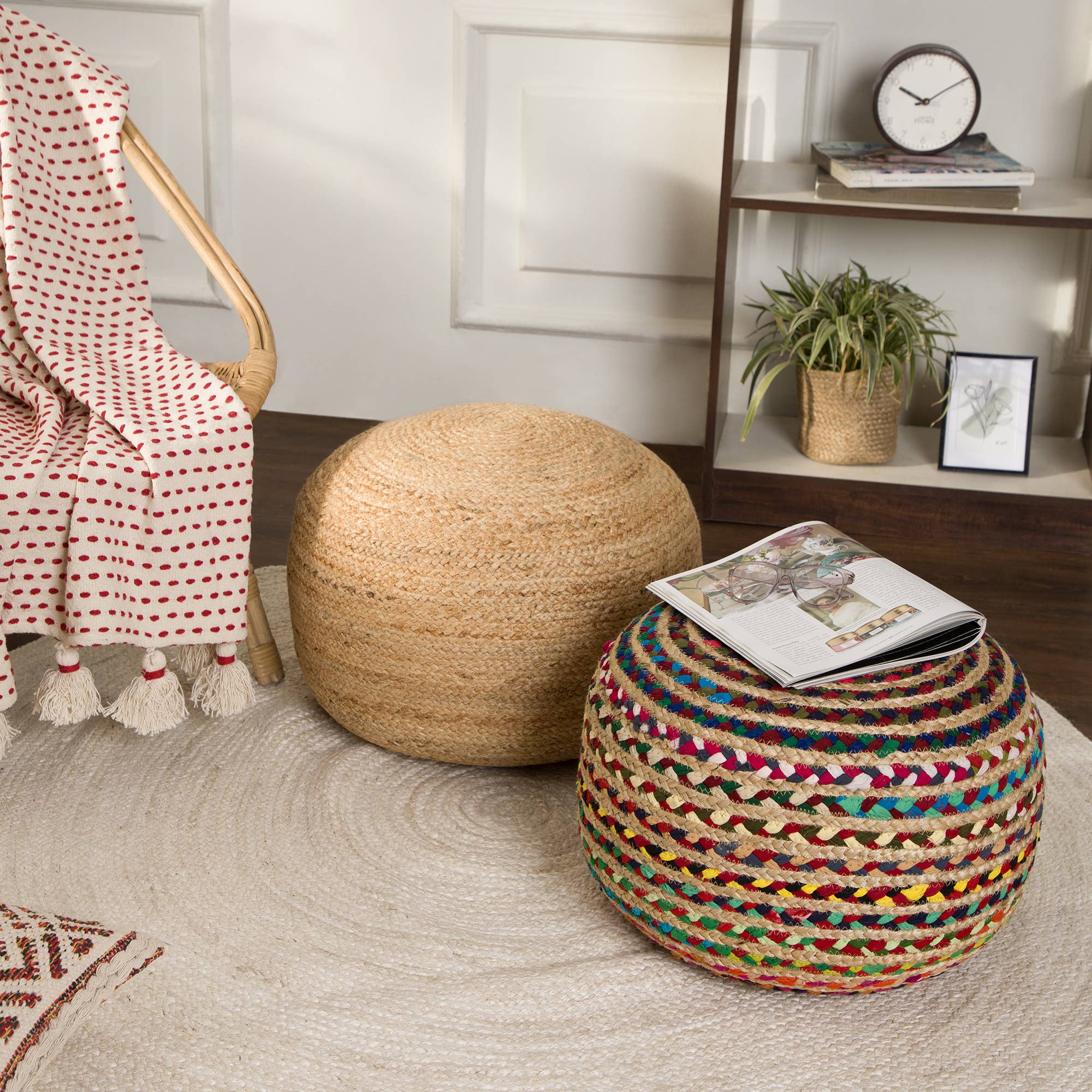 REDEARTH Round Pouf Jute and Cotton (19.5"x19.5"x14") Multi for wholesale on Faire2