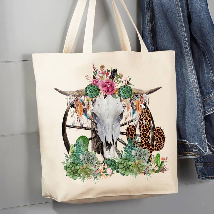 Avery Lane Gifts - Wholesale Tote Bag - Women's - Western Cow Skull Cactus Southwestern 12 oz Canvas Tote Bag
