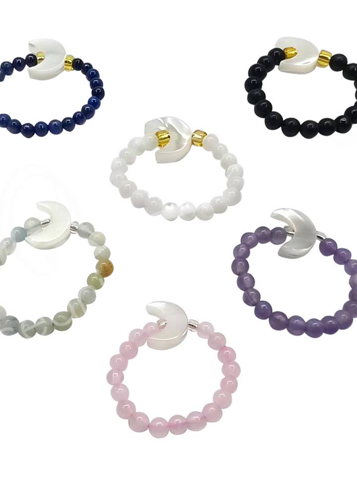 (PK 6)RING - MIXED STONES WITH MOON CHARM 3 MM BEADS (PK 6) for wholesale by Oceanic Linkways Inc