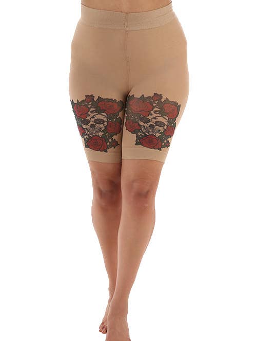Skull and Red Roses Printed Curvy Anti Chafing Shorts for wholesale by Pamela Mann