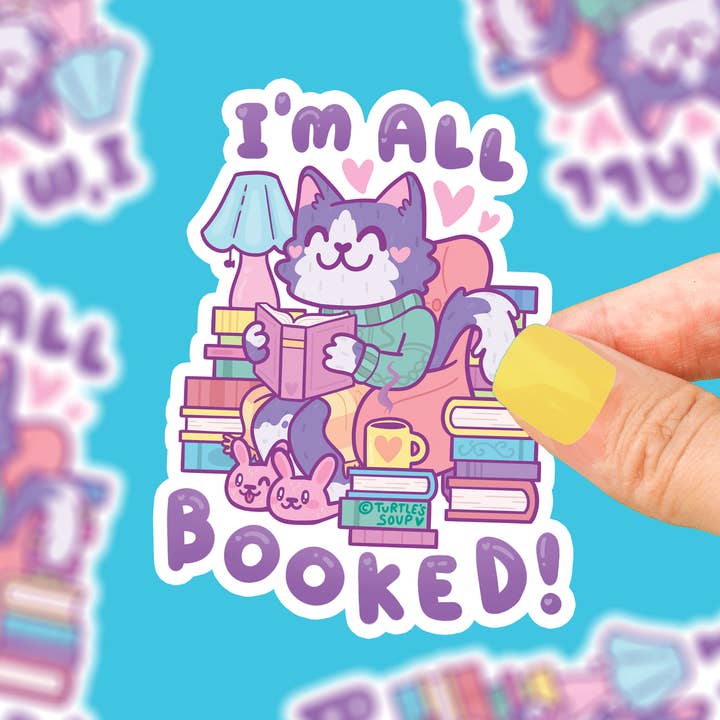 I'm All Booked Up Cat Reading Books Literary Vinyl Sticker for wholesale by Turtle's Soup