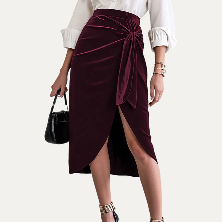 Never Outdated Burgundy Velvet Tie-Front Tulip Midi Skirt for wholesale on Faire6