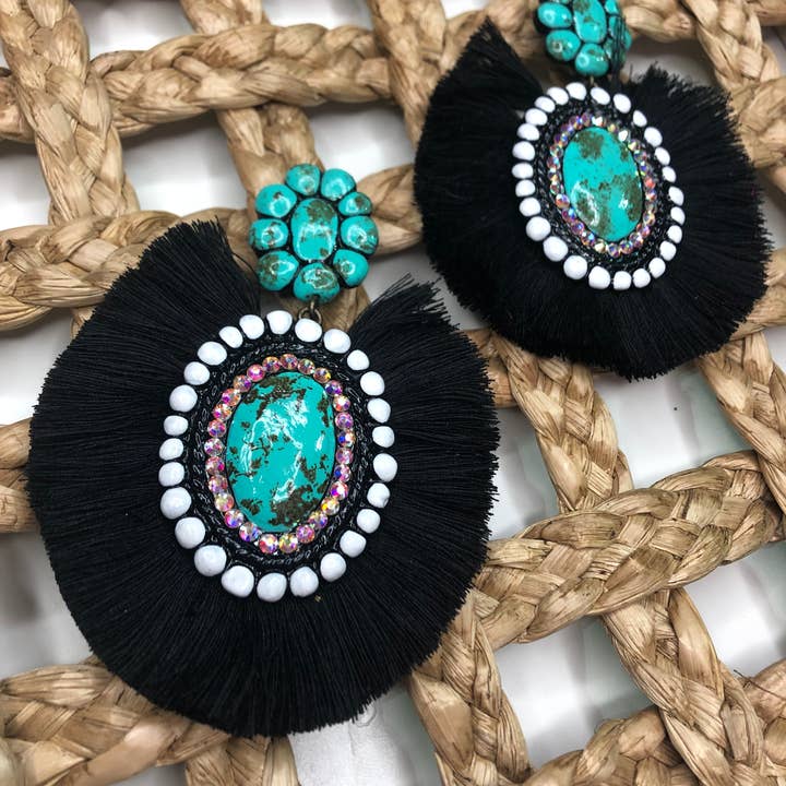 Nomadic Brunette - Wholesale Dangle Earrings - Marle Concho Earrings- Turquoise Stone with Black Fringe Western Handmade Clay