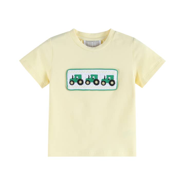 Lil Cactus - Wholesale Top & Short Set - Kids - Green Tractor Smocked T-Shirt and Gray Gingham Shorts Set
