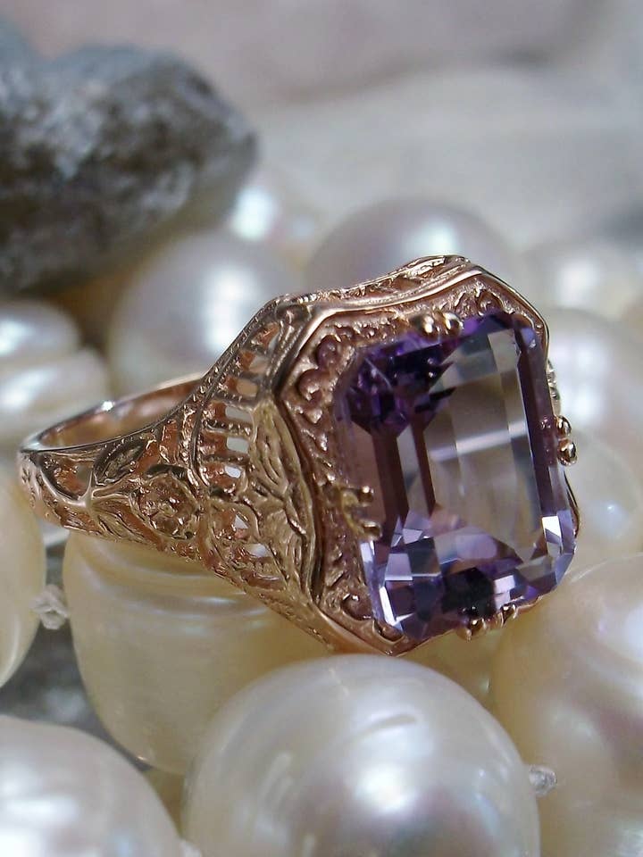 Natural Amethyst Rose Gold Edwardian Floral Ring #148 for wholesale by Silver Embrace Jewelry