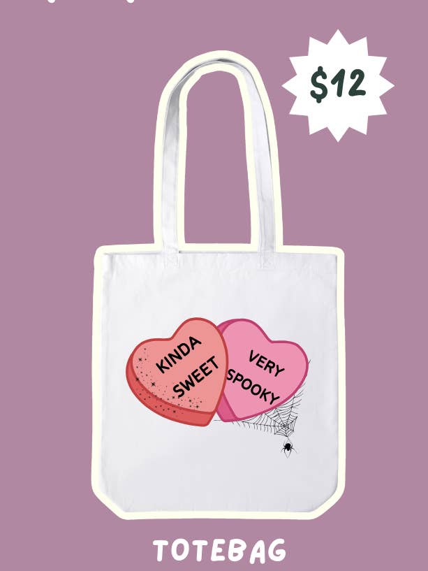 Pre-Order Kinda Sweet Very Spooky Convo Hearts Valentine's Day Totebag for wholesale by Chaotic Crystal Chick Co.