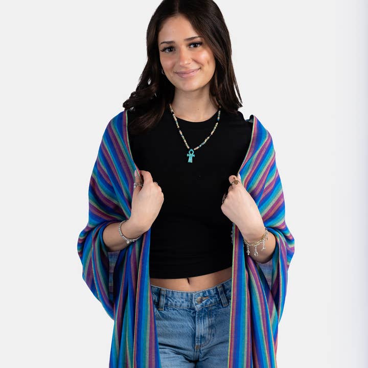 Striped Handwoven Bamboo Viscose Scarf - Blue & Plum for wholesale by Dandarah