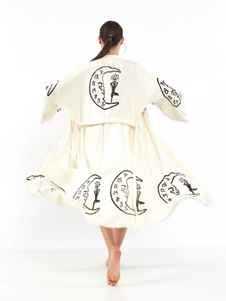 Vit Mån Celestial Crescent Kimono Robe Kaftan Kaftan Klänning för wholesale av Yaz Concepts
